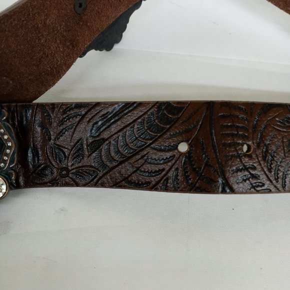 Tooled Leather Belt With Cross Buckle Rhinestone Conchos - Picture 7 of 9